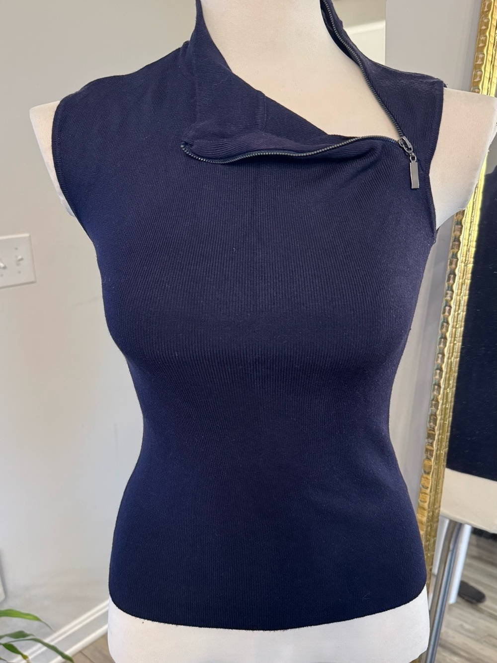 One-Shoulder Navy Knit Dress with Asymmetric Zip Detail